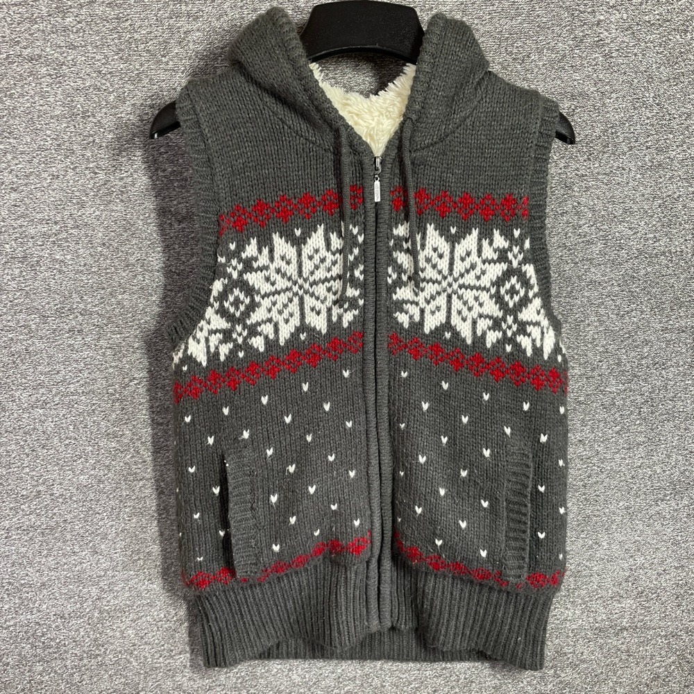 Aeropostale‎ Gray Fair Isle Snowflake Knit Hooded Vest Faux Fur Lined Large